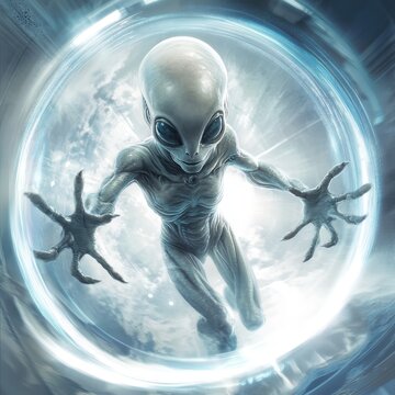 A gray alien with four arms emerging from an orb, the background is blue and white, hyperrealistic, movie poster style in the style of a professional artist