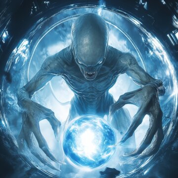 A gray alien with four arms emerging from an orb, the background is blue and white, hyperrealistic, movie poster style in the style of a professional artist