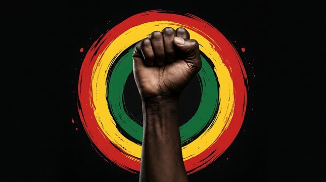 Raised fist symbol representing strength and unity for black history month celebration on a dark background