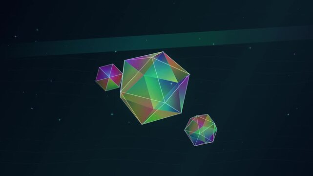 Colorful geometric polyhedra floating in dark cosmic digital space animation
