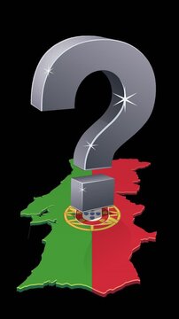 Animated 3D question mark levitating over Portugal map representing uncertainty and unknown future. Chroma key green screen with alpha channel. (loopable)