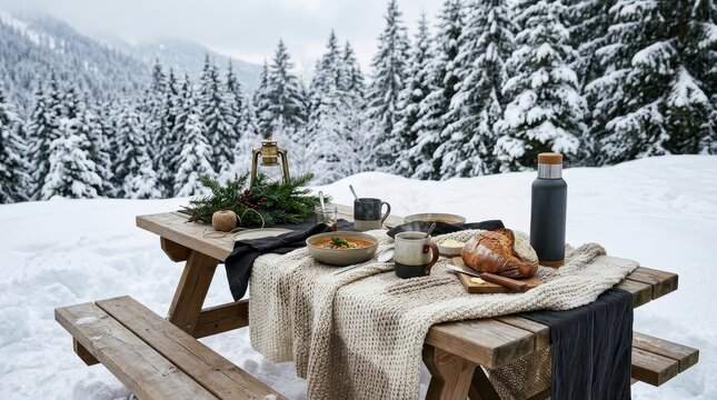Cozy picnic setup in snowy forest isolated on white background