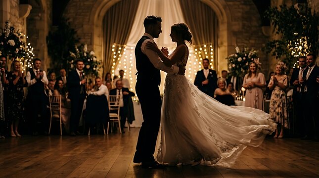 Couple dancing at elegant ballroom event.