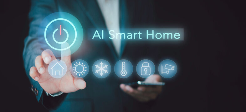 Businessman touching virtual power button for AI smart home concept. Automated IoT control system, energy saving, security CCTV, temperature, and lighting automation.