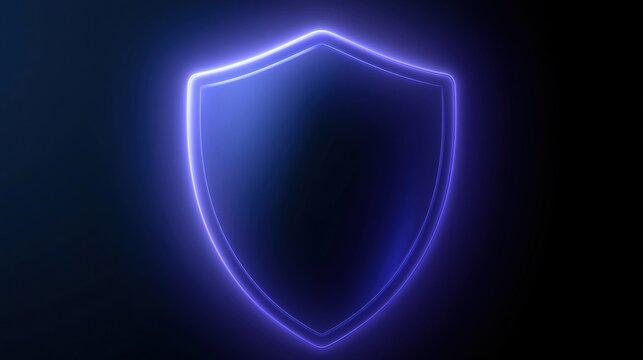 Glowing blue neon shield icon symbolizing digital security and protection against cyber threats on dark background