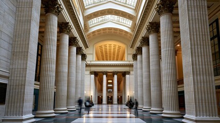 Fototapeta premium Grand hall with towering classical columns and skylight featuring blurred figures walking on polished marble floor