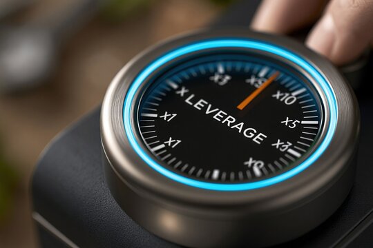 Close-up view of a futuristic circular gauge with blue neon ring and orange needle indicating leverage multiplier on dark surface