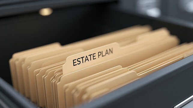 Close-up view of organized beige file folders labeled estate plan inside an open black filing cabinet drawer.