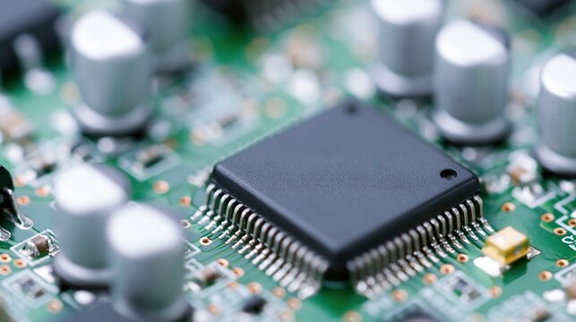 Close-up macro shot of a black microchip integrated circuit mounted on a green printed circuit board surrounded by capacitors.