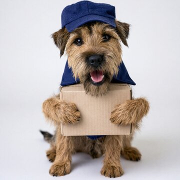 Cute brown terrier dog wearing blue delivery uniform hat and jacket holding cardboard package box against white background