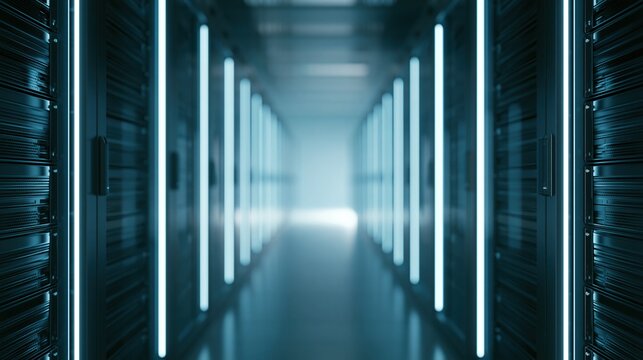 Empty server room corridor with rows of racks illuminated by blue neon lights creating a futuristic atmosphere