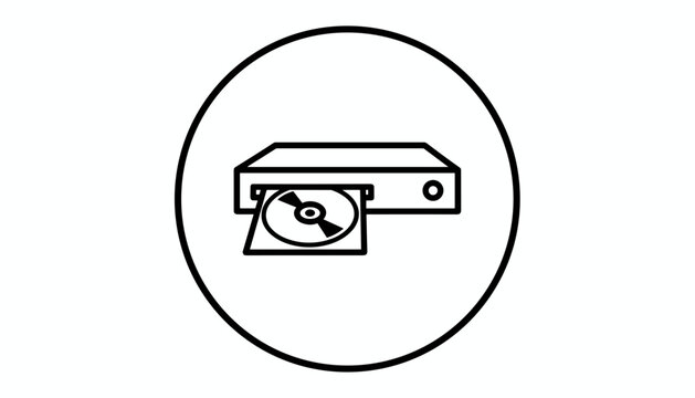 Circular outline icon of a classic media player with a disc slot and a compact disc partially inserted on a clean background.
