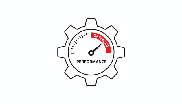 Vector icon of a gear surrounding a performance dial gauge with its needle pointing to the red optimized zone.