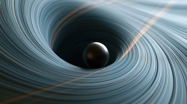 Metallic sphere resting inside a swirling blue vortex tunnel with golden light streaks creating a futuristic abstract background.