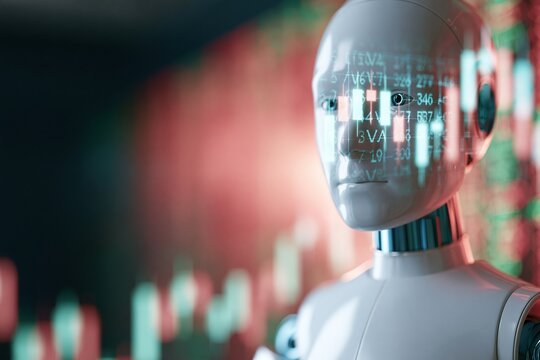 A futuristic white robot head displays holographic stock market data against a blurred background of red and green financial charts.