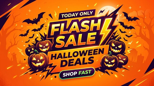 Halloween flash sale banner with spooky pumpkins and bats. Orange holiday deals poster for retail marketing. Autumn seasonal discount graphic.