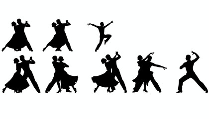 Obraz premium Elegant silhouettes of ballroom and latin dancers performing in pairs or individual expressive routines on a white background.