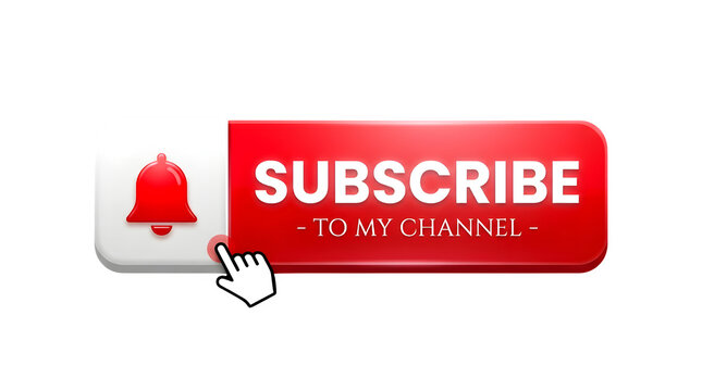 Realistic red youtube subscribe button with bell icon and hand cursor isolated on transparent background