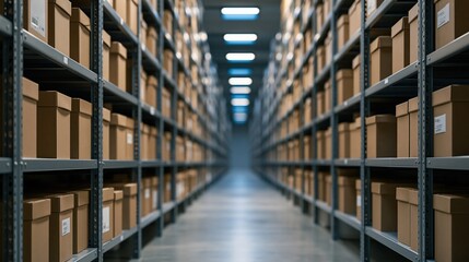 Fototapeta premium Long warehouse aisle lined with tall metal shelves stacked with brown cardboard boxes under bright overhead lights