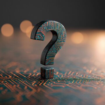 A three-dimensional question mark constructed from a microchip circuit board design resting on a matching surface with warm bokeh lights in the background