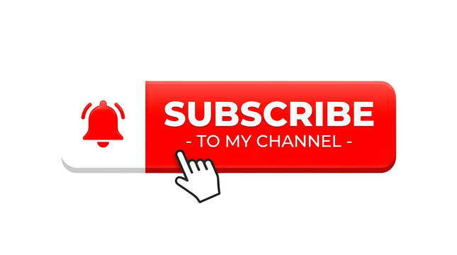 Red youtube subscribe button with bell icon and hand cursor on transparent isolated on transparent background