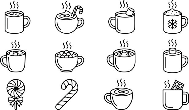 Hot chocolate coffee cups and winter sweets icons set outline vector illustration