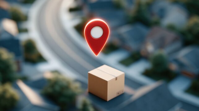 A glowing red map pin hovers over a cardboard package on a suburban street roof, symbolizing delivery and location tracking.
