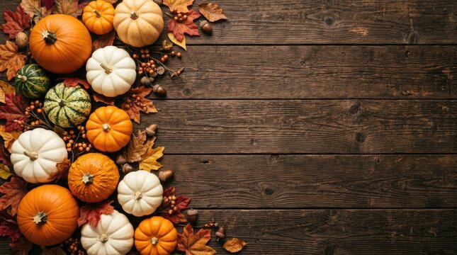 Autumn harvest of colorful pumpkins and gourds arranged against a rustic wood background