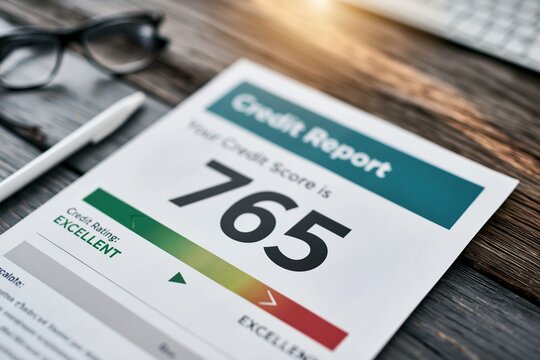 Close-up of a credit report document displaying an excellent score of 765 on a wooden desk with glasses and pen nearby