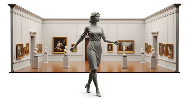 A grey female mannequin figure walking in a miniature art gallery exhibition with paintings and sculptures on display and white background isolated