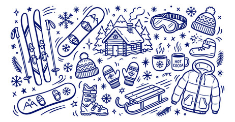 Hand drawn blue outline doodle set of various winter sports, ski equipment, and cozy chalet elements © Mohsin