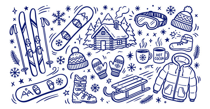 Hand drawn blue outline doodle set of various winter sports, ski equipment, and cozy chalet elements