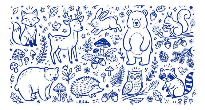Hand drawn blue outline doodle set of various cute woodland animals and forest elements