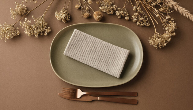 Top view of a minimalist table setting with a plate, napkin, and cutlery