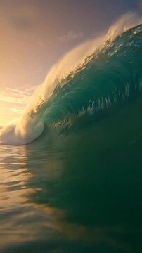 Powerful ocean wave curling in the golden light of a tropical sunset.