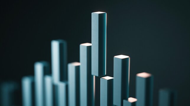 Abstract bar chart with glowing tops representing growth against a dark background