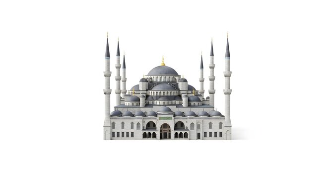 A detailed 3D model of the historic Blue Mosque in Istanbul showcasing intricate architectural design with multiple domes and tall minarets against white