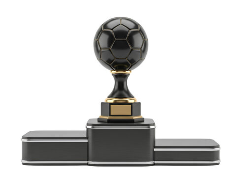 Black and gold soccer ball trophy cup standing on a winners podium isolated on transparent background