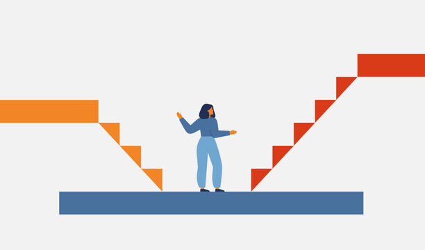 Woman choices career or life paths. Girl stands between different two ladder. Business concept of decision making, opportunity, direction, progression for females. Vector illustration