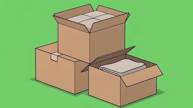 Isometric illustration of three stacked brown cardboard shipping and moving boxes, one open with packed items, on a solid green background
