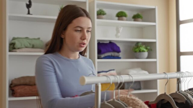 Young woman holding two red tops on hangers while comparing sweaters on a clothing rack in a building; indecision choice.