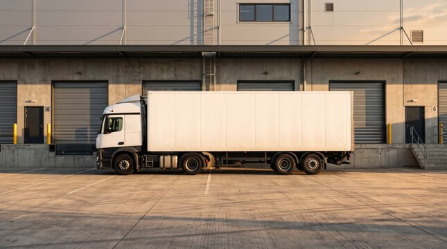 White semi truck parked at industrial warehouse loading dock, logistics transportation delivery service, freight cargo shipping supply chain management, commercial vehicle