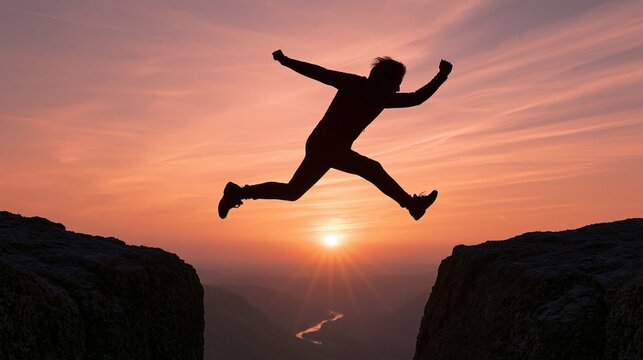Silhouette of a person jumping across a chasm at sunset with arms raised in triumph against an orange sky
