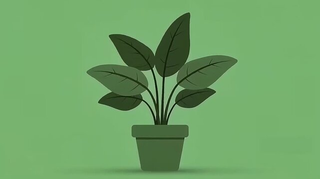 Minimalist flat design illustration of a vibrant green potted houseplant. Simple graphic representing indoor gardening and home decor concept.