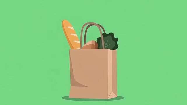 Illustration of a brown paper grocery bag filled with fresh produce, a baguette, and healthy food items on a green background. Sustainable shopping concept.