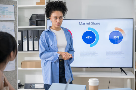 Professional businesswoman standing in front of a large display, explaining market share pie charts and business analytics to her team.