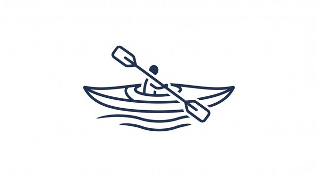 Minimalist Line Art Icon of a Person Kayaking on Water.
