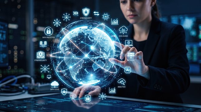 Futuristic businesswoman interacting with holographic globe surrounded by cybersecurity icons, representing global network protection, data privacy, cloud computing, AI technology