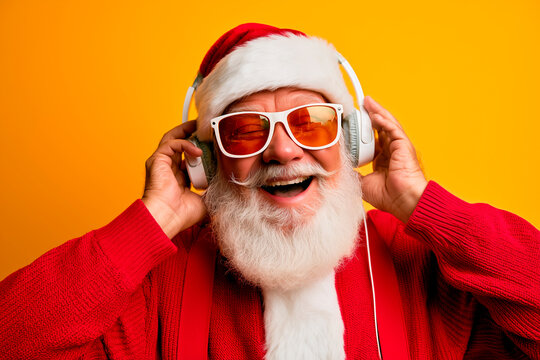 Nightclub invite on christmas party celebration funky crazy santa claus dj in white headset sing song sound melody listen music dance wear stylish x-mas hat suspenders isolated yellow color background
