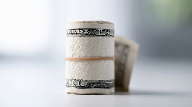 Close-up of a stack of rolled one dollar bills secured with a rubber band on a white surface